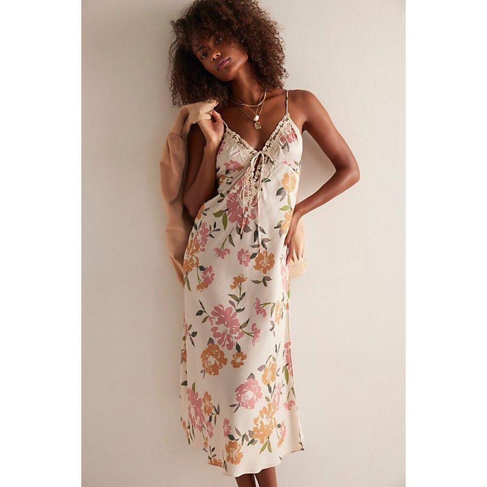 Free People Someone Like You Midi Slip Dress in Neutral Combo Small NWT
